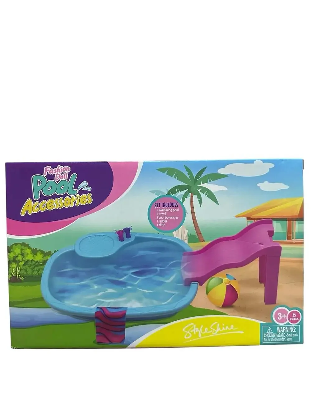Style Shine Fashion Doll Pool Accessories 6 Piece Playset with Slide and Pool